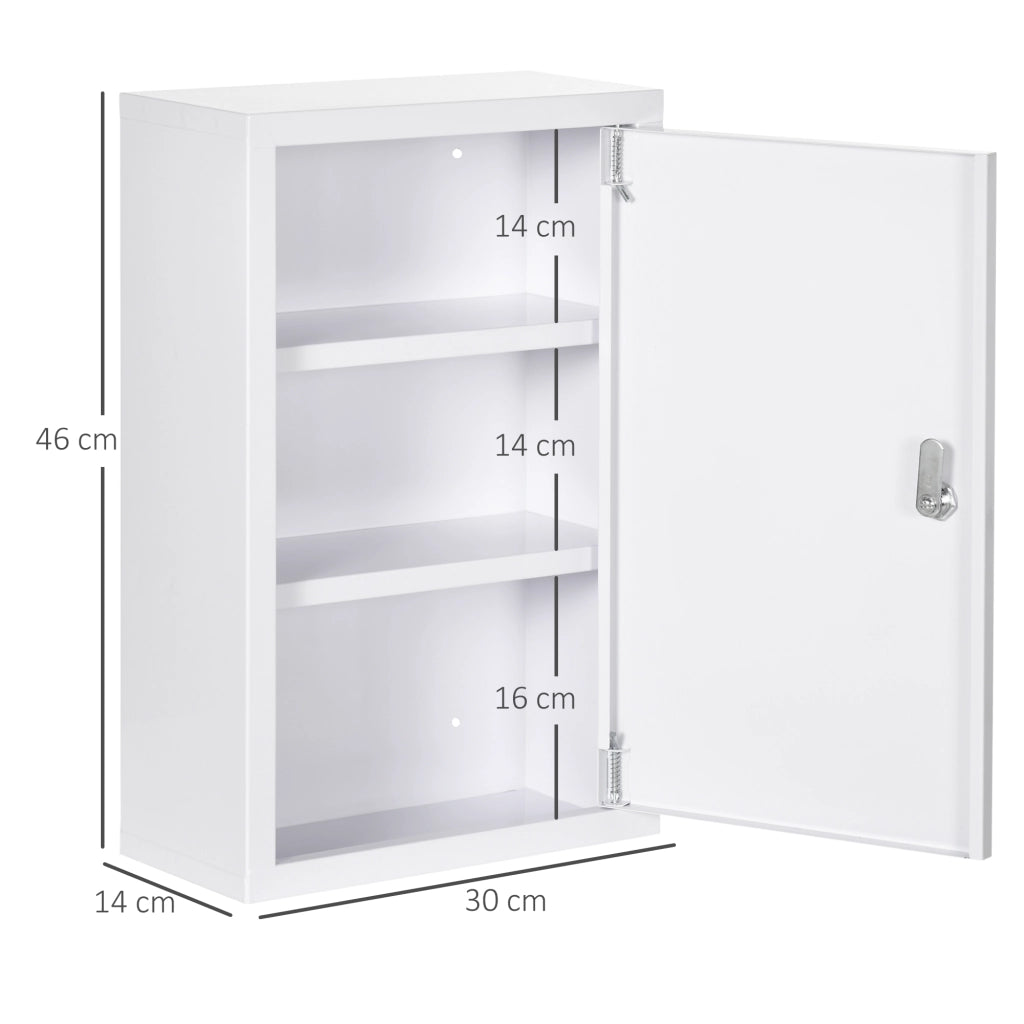 EasyComfort Armadietto Medicinali a 3 Ripiani in Acciaio Inox con 2 Chiavi e Montaggio a Parete, 30x14x46 cm, Bianco