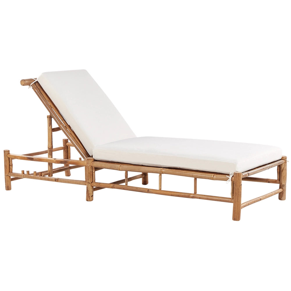 Sedia a sdraio da esterno in bambù naturale e cuscino bianco con schienale regolabile giardino stile classico