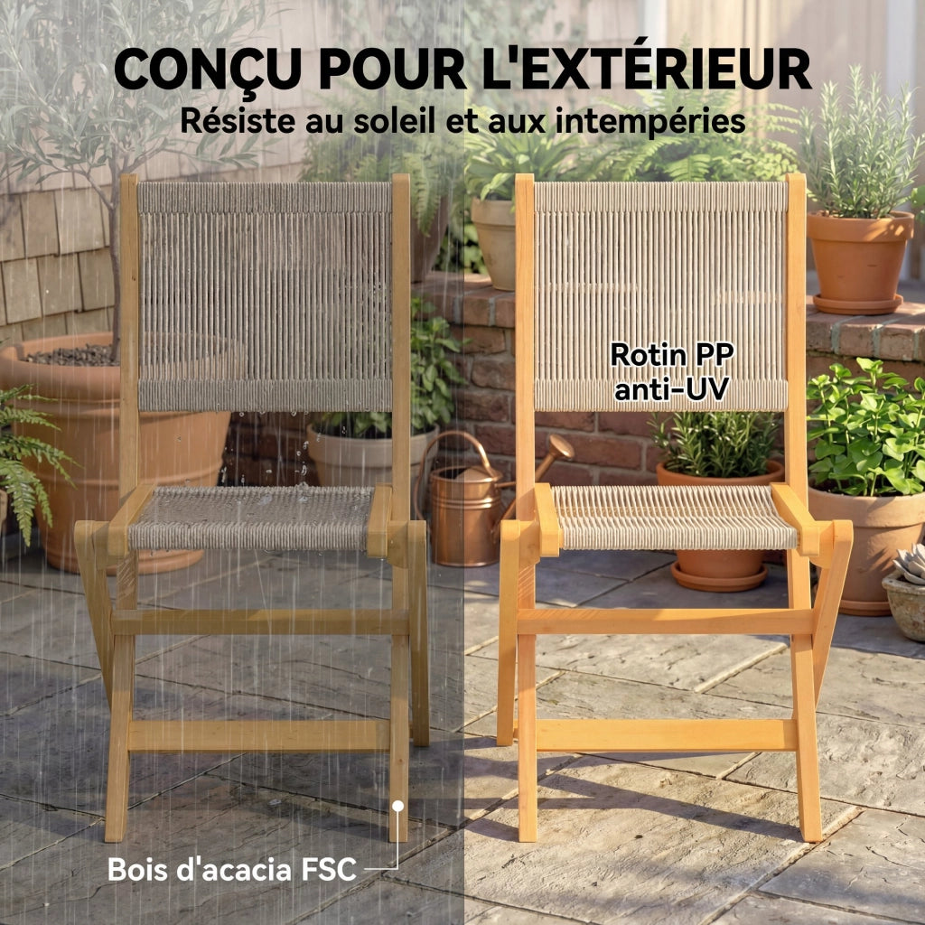Sedie da giardino pieghevoli ¨C Minimal ¨C Legno di acacia, corda intrecciata naturale e beige