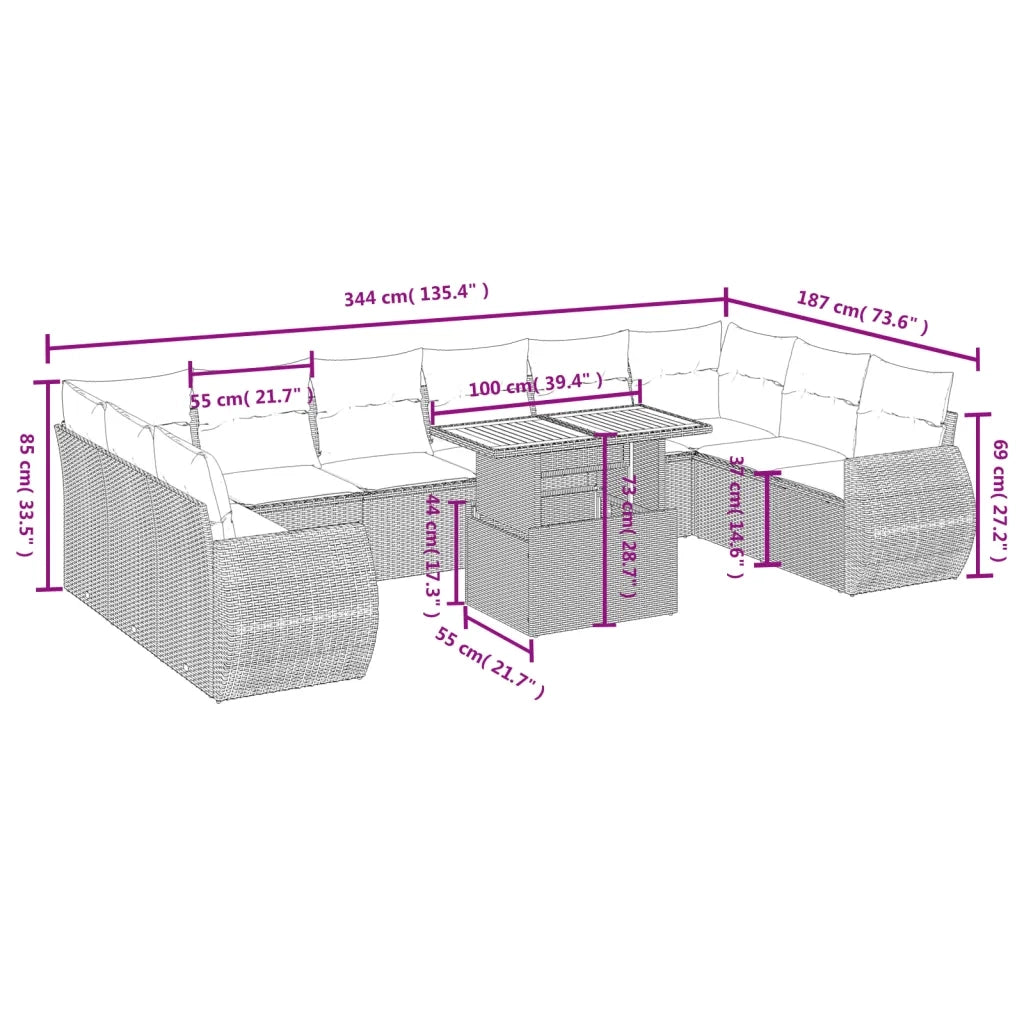 Set Divani da Giardino 11 pz con Cuscini Beige in Polyrattan