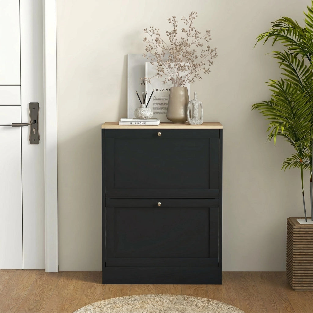 Scarpiera con 2 Cassetti e Ripiani Regolabili ¨C zephmum ¨C Nero 60x23.5x80cm