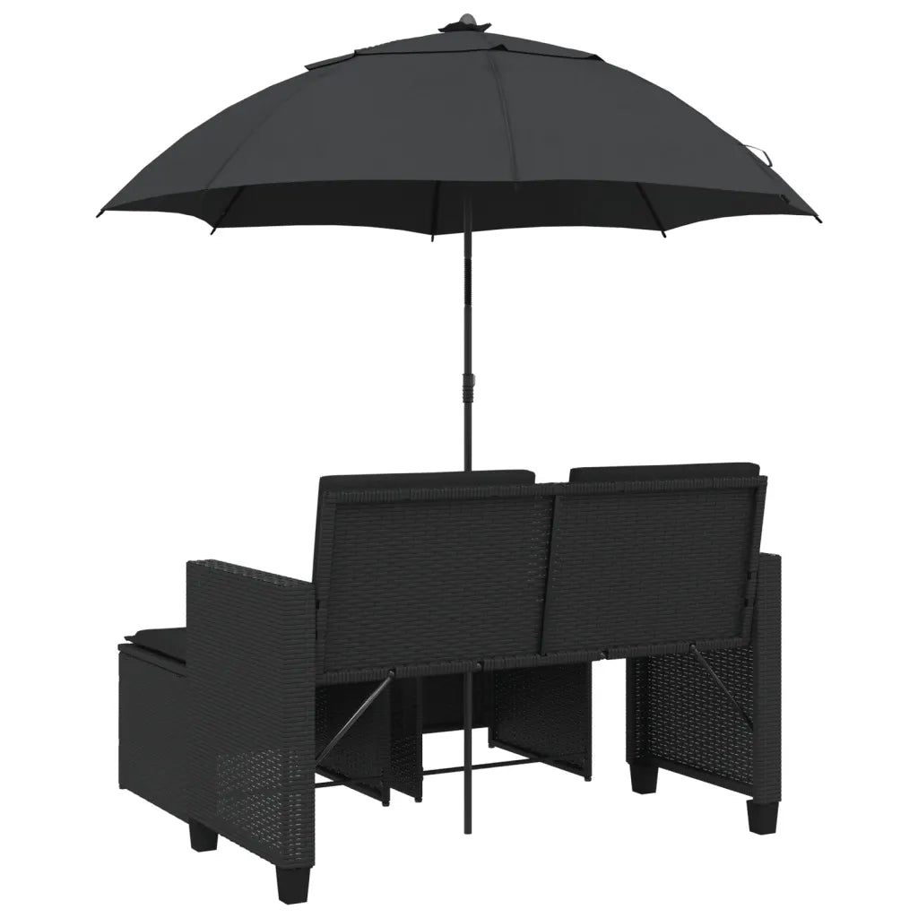 Divano Giardino 2 Posti Ombrellone e Sgabelli Nero Polyrattan 365883