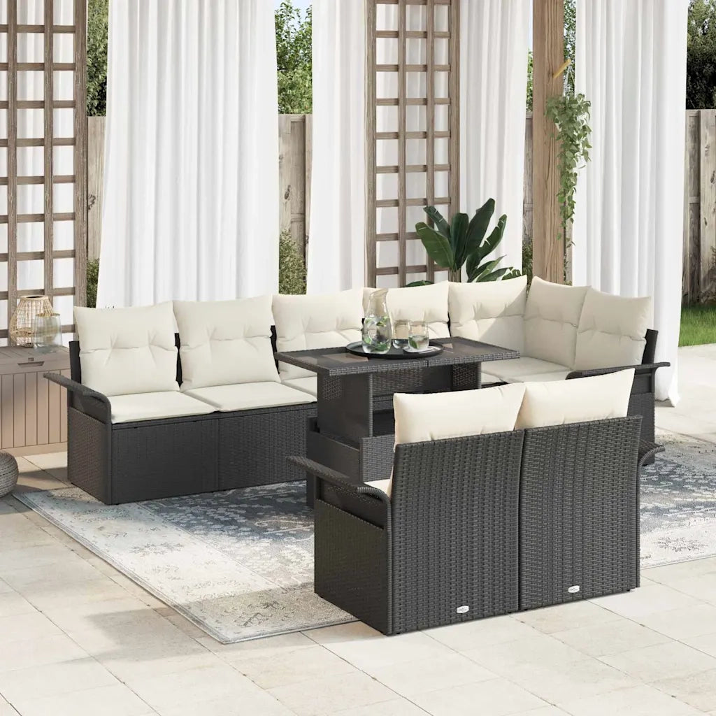 Set Divano da Giardino con cuscino 9 pcs Nero Poly Rattan