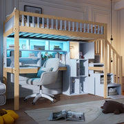 Letto a castello con LED e scrivania - Zephmum - 90x200cm - Bianco e Naturale