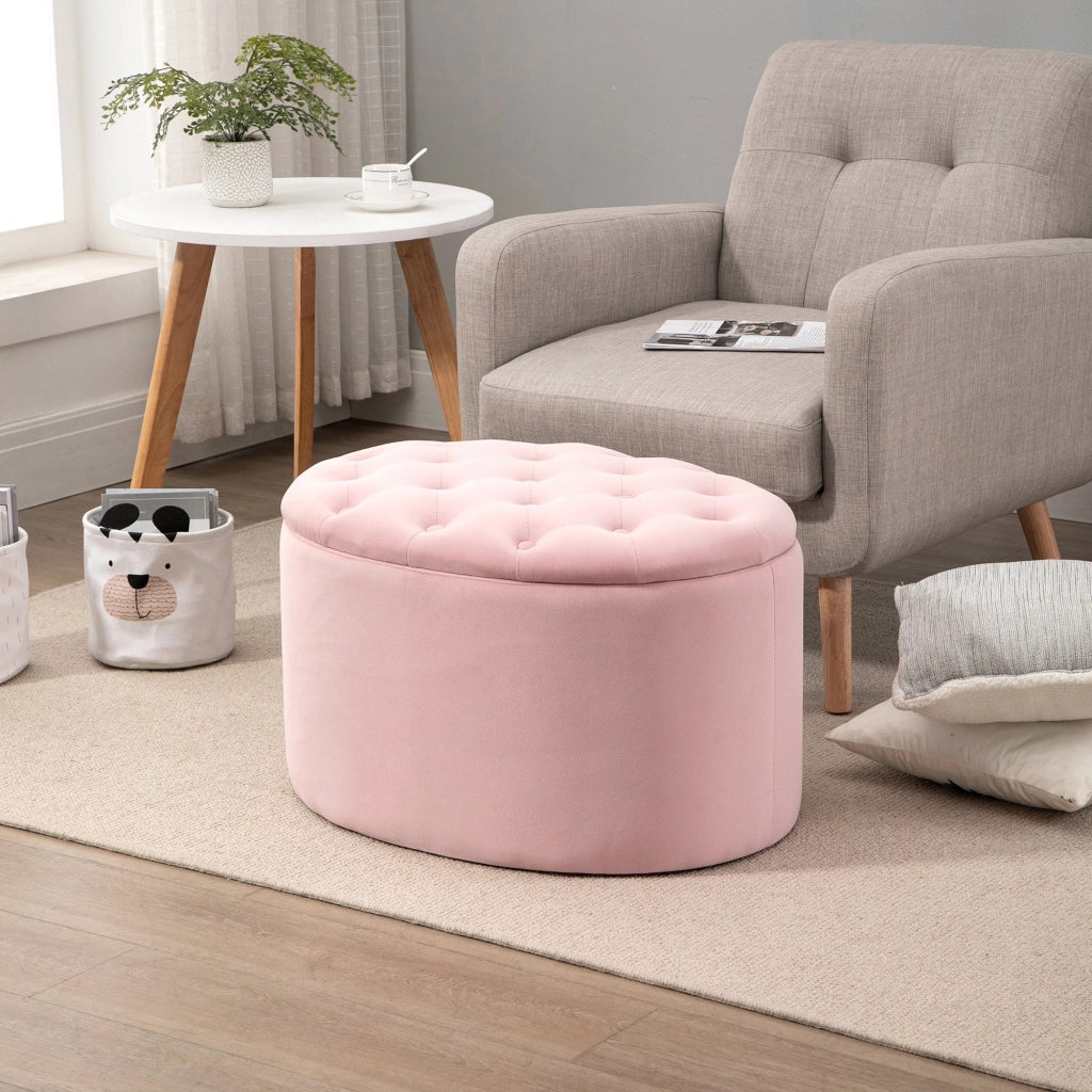 EasyComfort Pouf Contenitore Ovale Imbottito e Trapuntato in Velluto, 71x52x42cm, Rosa