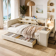LETTO 90x200 cm in lino beige con 2 cassetti, scrivania, USB e Tipo C