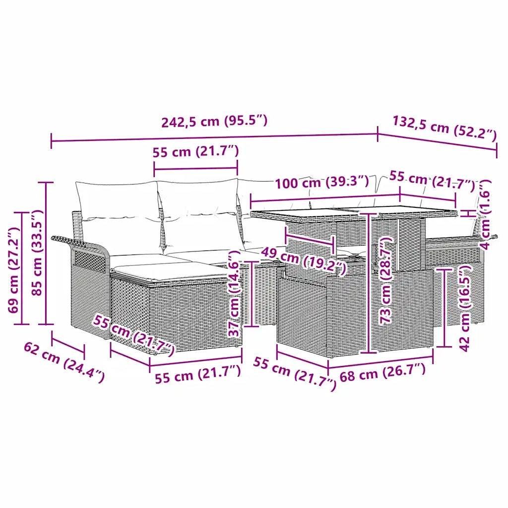Set Divano da Giardino con cuscino 7 pcs Beige Poly Rattan 3357054