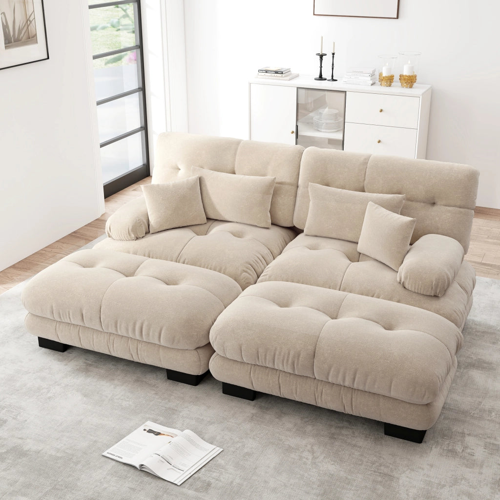 Divano modulare cloud con seduta profonda e 2 pouf mobili cuscini lombari e decorativi in chenille caffè chiaro
