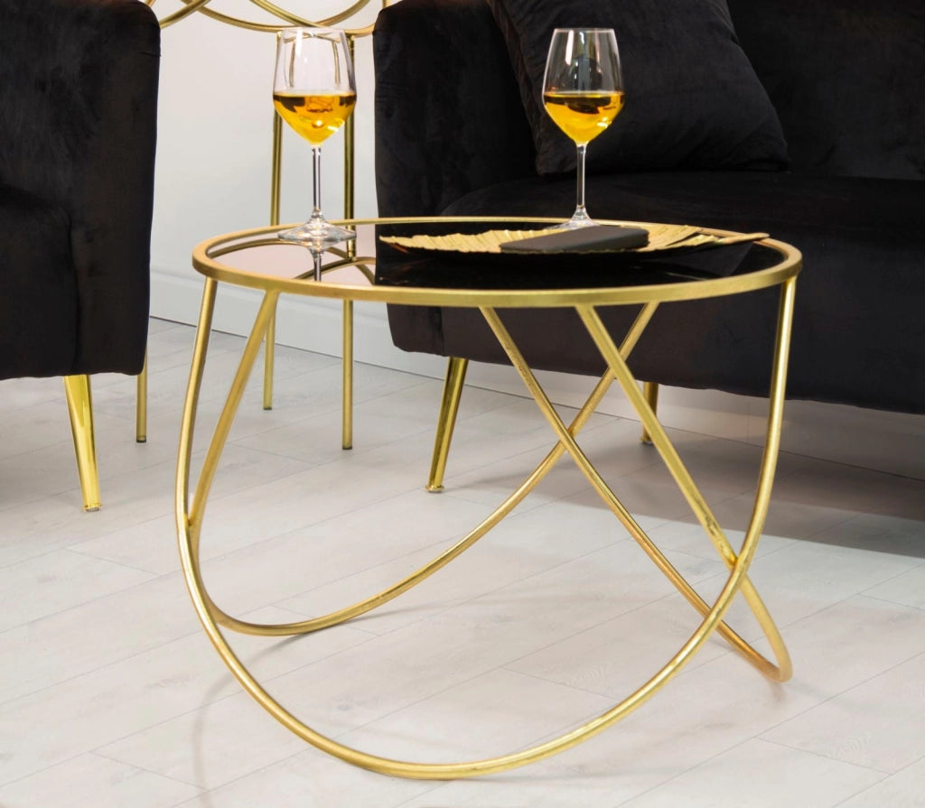 Tavolinetto Ring Ø60x45 cm in Ferro MDF e Specchio Nero e Oro