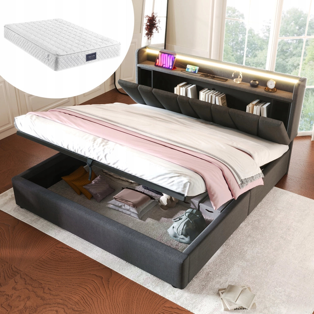 Letto imbottito 140x200 grigio con USB e LED - Xylo