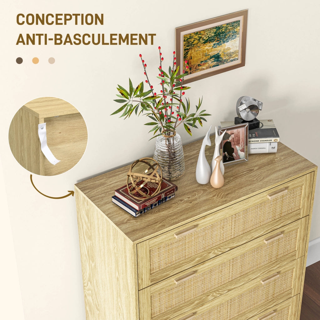 Cassettiera 4 cassetti in legno e tessuto effetto rattan stile boho ¨C Xylo ¨C 90x45x108,5cm naturale