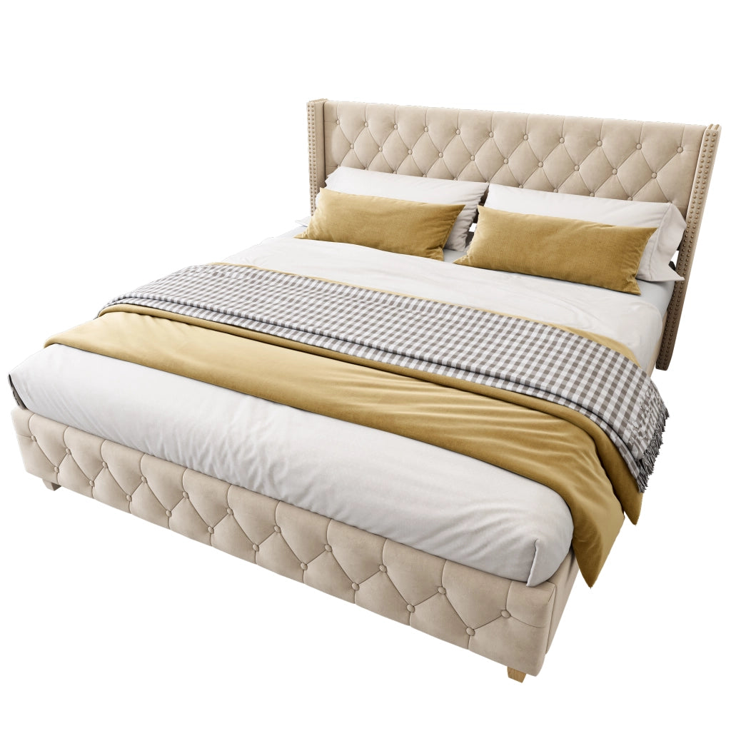 Letto capitonné – 160x200 cm – bottoni borchie gambe legno – velluto beige chiaro