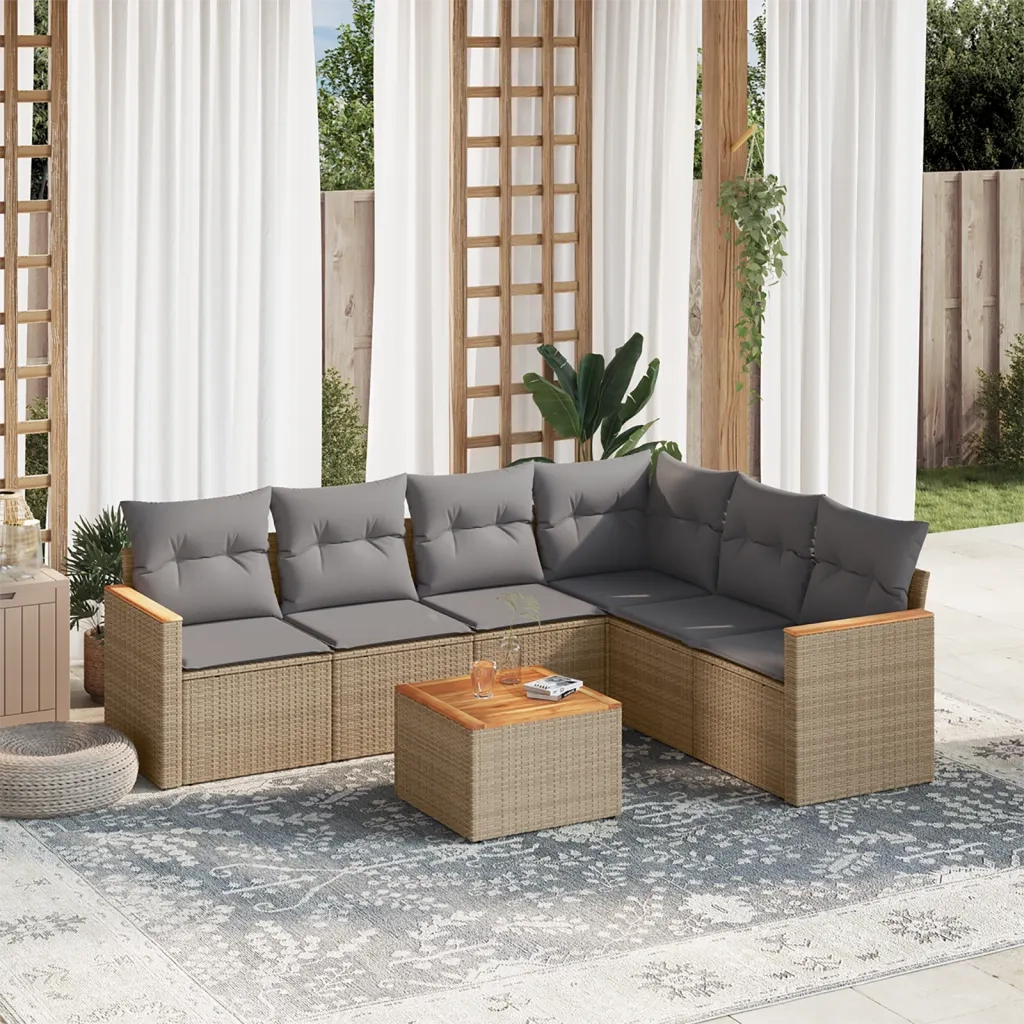 Set Divani da Giardino 7 pz con Cuscini Beige in Polyrattan