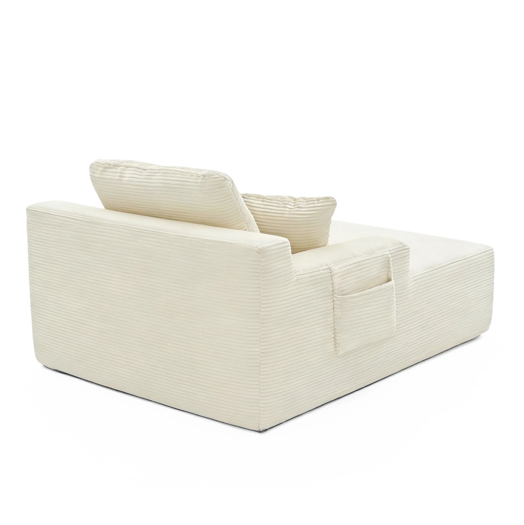 Divano in corduroy beige con tasche laterali e cuscini