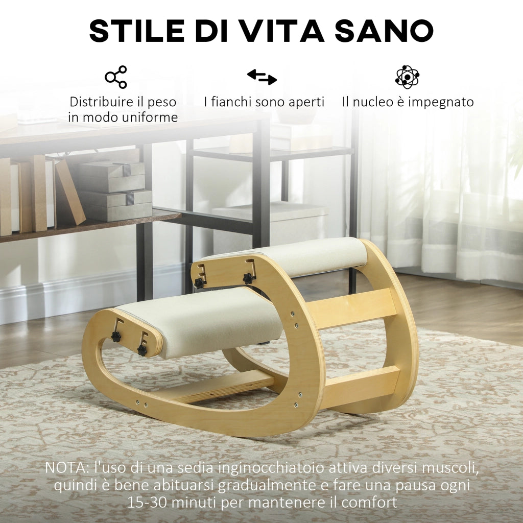 Sedia Inginocchiatoio Regolabile in 6 Posizioni 55x85x55 cm in Tessuto Effetto Lino e Legno di Betulla Crema