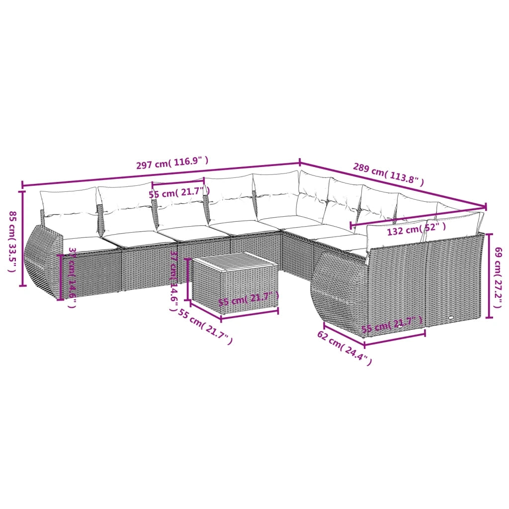 Set Divani da Giardino 11 pz con Cuscini in Polyrattan Grigio 3225199