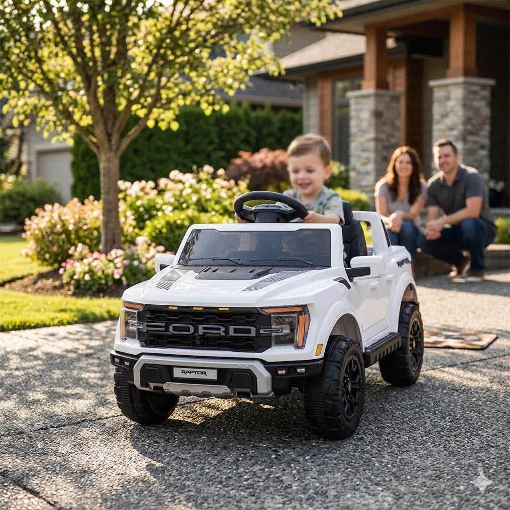 Macchina Elettrica per Bambini Ford Raptor 12V con Telecomando Bluetooth Luci LED e Tappetini Inclusi Bianco