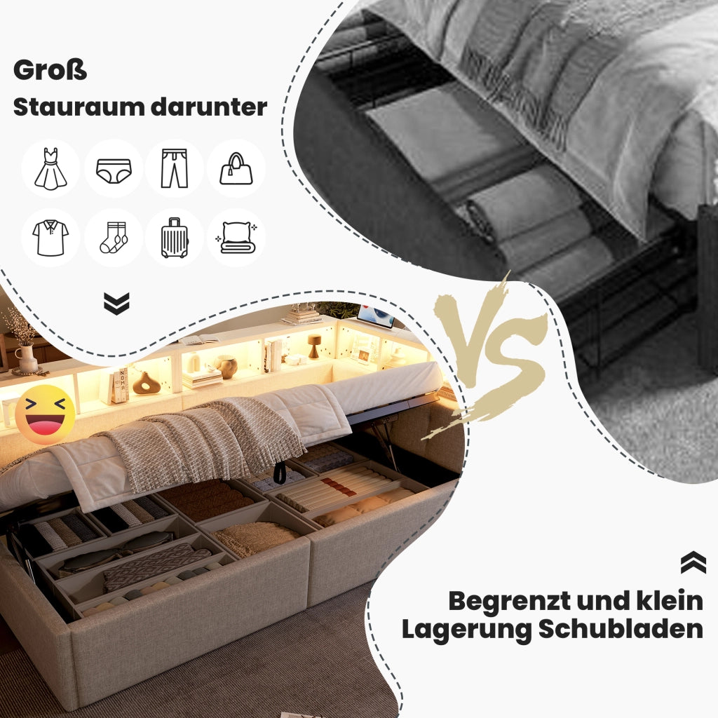 LETTO DAYBED 90x200 cm in lino beige con LED, USB e vano contenitore