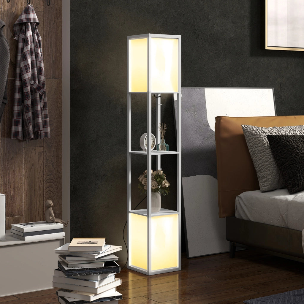 Lampada da Terra Moderna con 2 Paralumi e 2 Ripiani ¨C Minimal ¨C 26x26x156 cm, Bianco