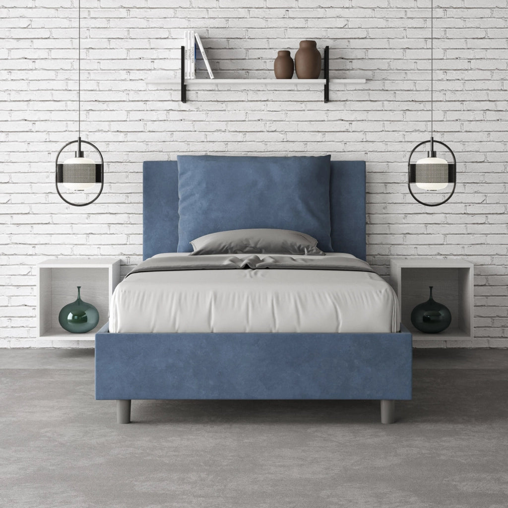 BS COM Letto una piazza e mezza senza rete imbottito 120x200 microfibra blu