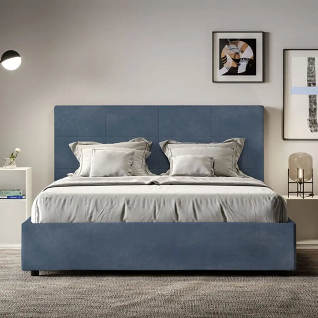 Letto matrimoniale senza rete imbottito 160x200 microfibra blu Mika