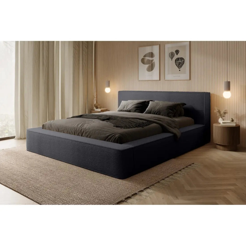 Letto contenitore VELORA – Antracite profondo bouclé – 180x200 cm – Tessuto velluto morbido – Rete sollevabile – Spazio di stoccaggio integrato