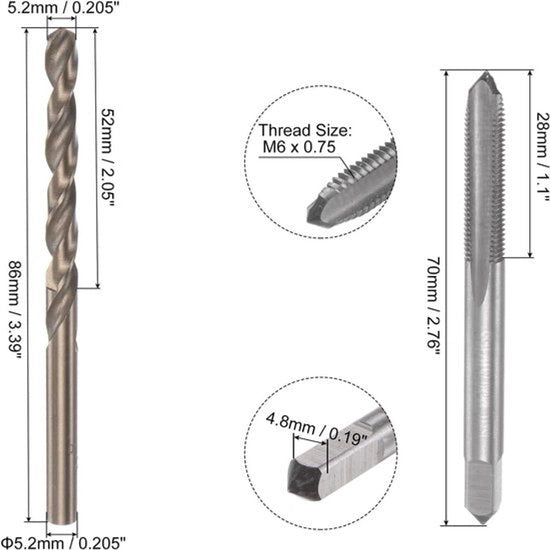 Tappo a filo per macchina - M6x0.75 - H2 Flusso destro - Filo per macchina - M35 Cobalto - Trapano a vite - Adatto per HSS-CO - Alta velocità acciaio - Tappi a filo e set di bit
