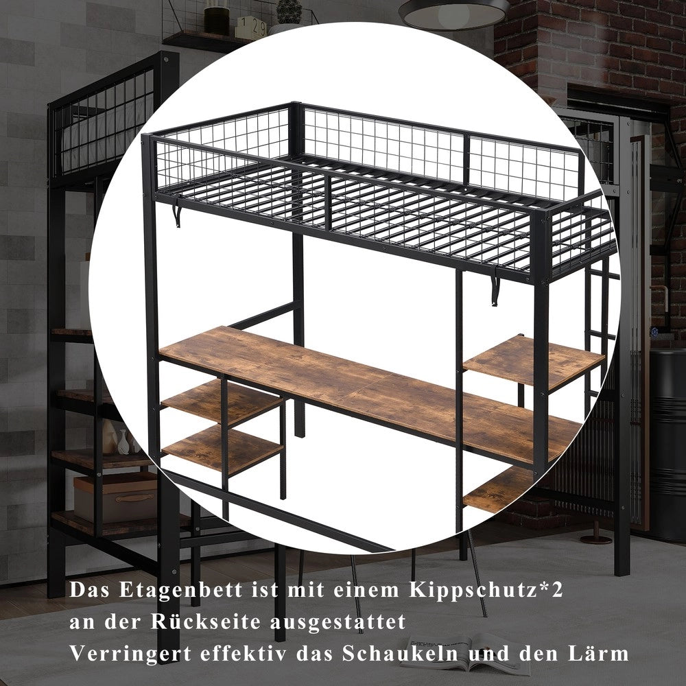 Letto a Castello con Scrivania e Scaffale ¨C Xylo ¨C Metallo e Legno, Nero, 90x200