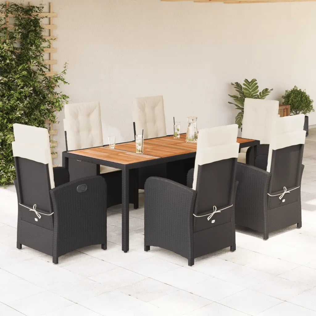 Set da Pranzo da Giardino 7 pz Nero con Cuscini in Polyrattan