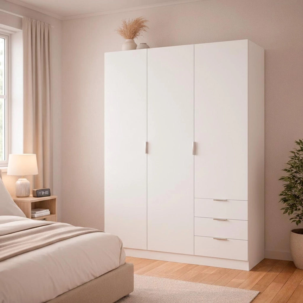 Armadio Guardaroba Con 3 Ante Battenti 4 Ripiani E 3 Cassetti Barra Appendiabiti Salvaspazio Per Stanza Matrimoniale Design Moderno 200 x 52 x 135 Cm Colore Bianco