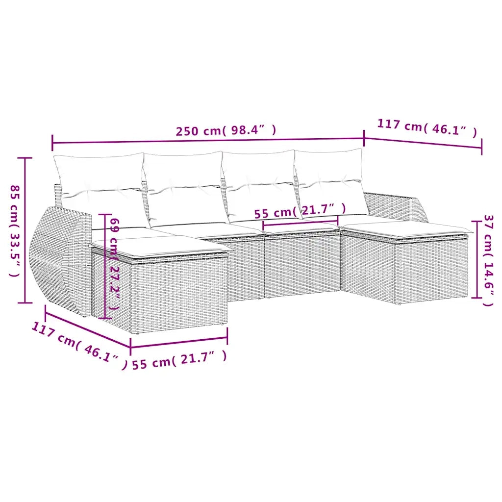 Set Divano da Giardino 6 pz con Cuscini Marrone in Polyrattan