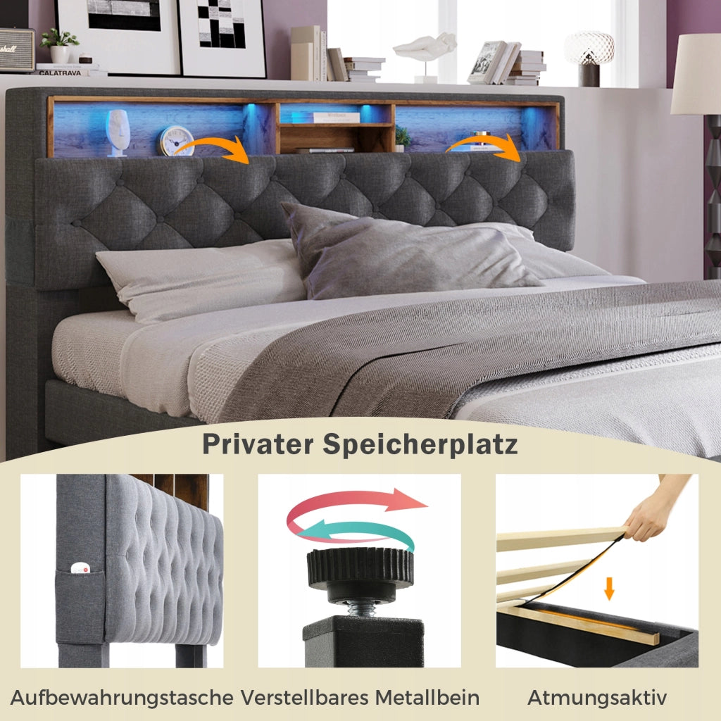 Letto imbottito 140x200 grigio con LED (con materasso) - Xylo
