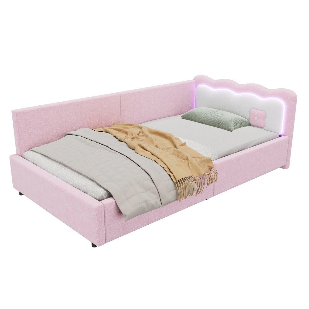 Letto Singolo con LED e Rete a Doghe ¨C MINIMAL ¨C Rosa, Tessuto, 90x200