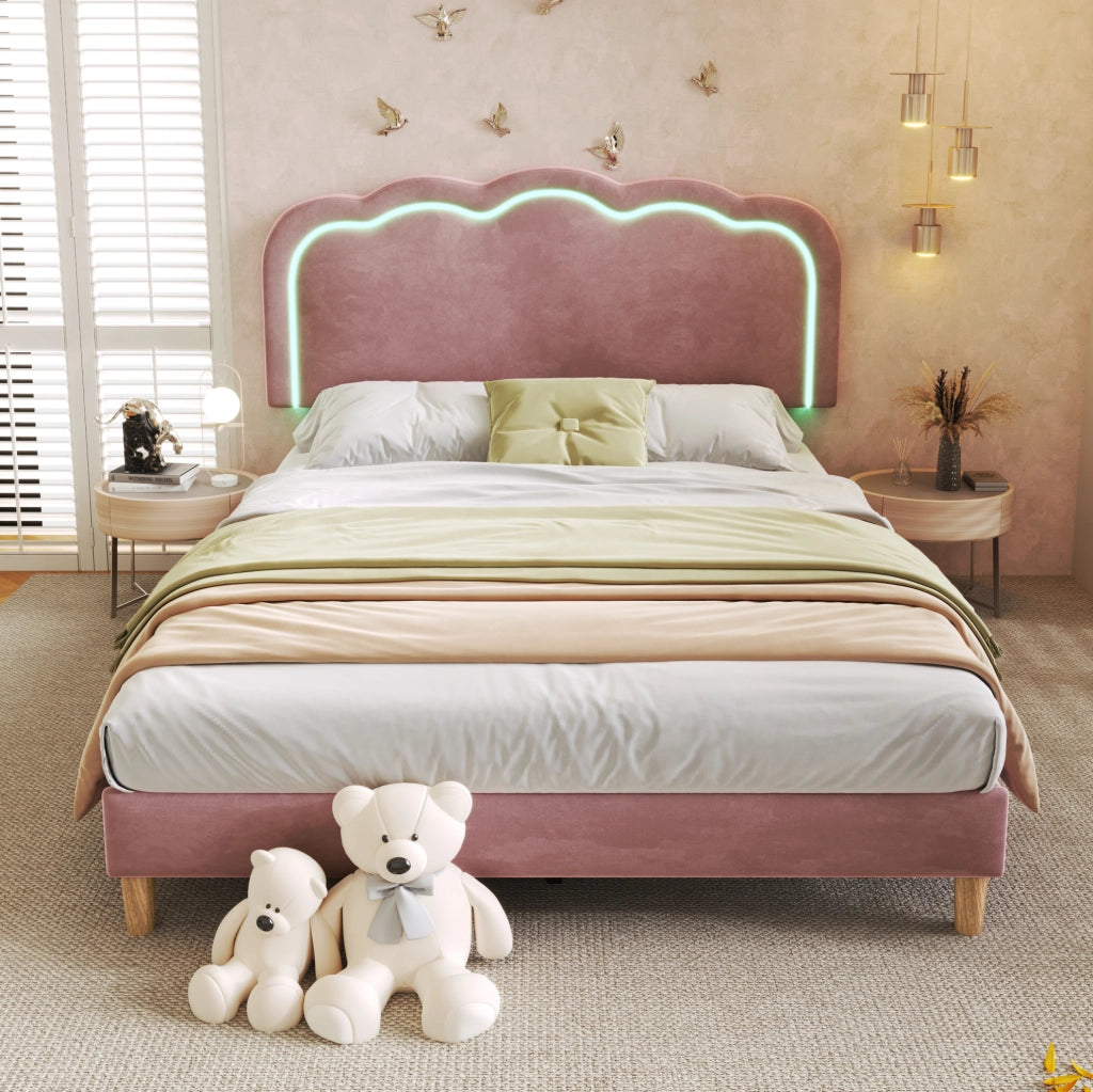 Letto matrimoniale 140x200 cm con testiera regolabile e LED; velluto rosa