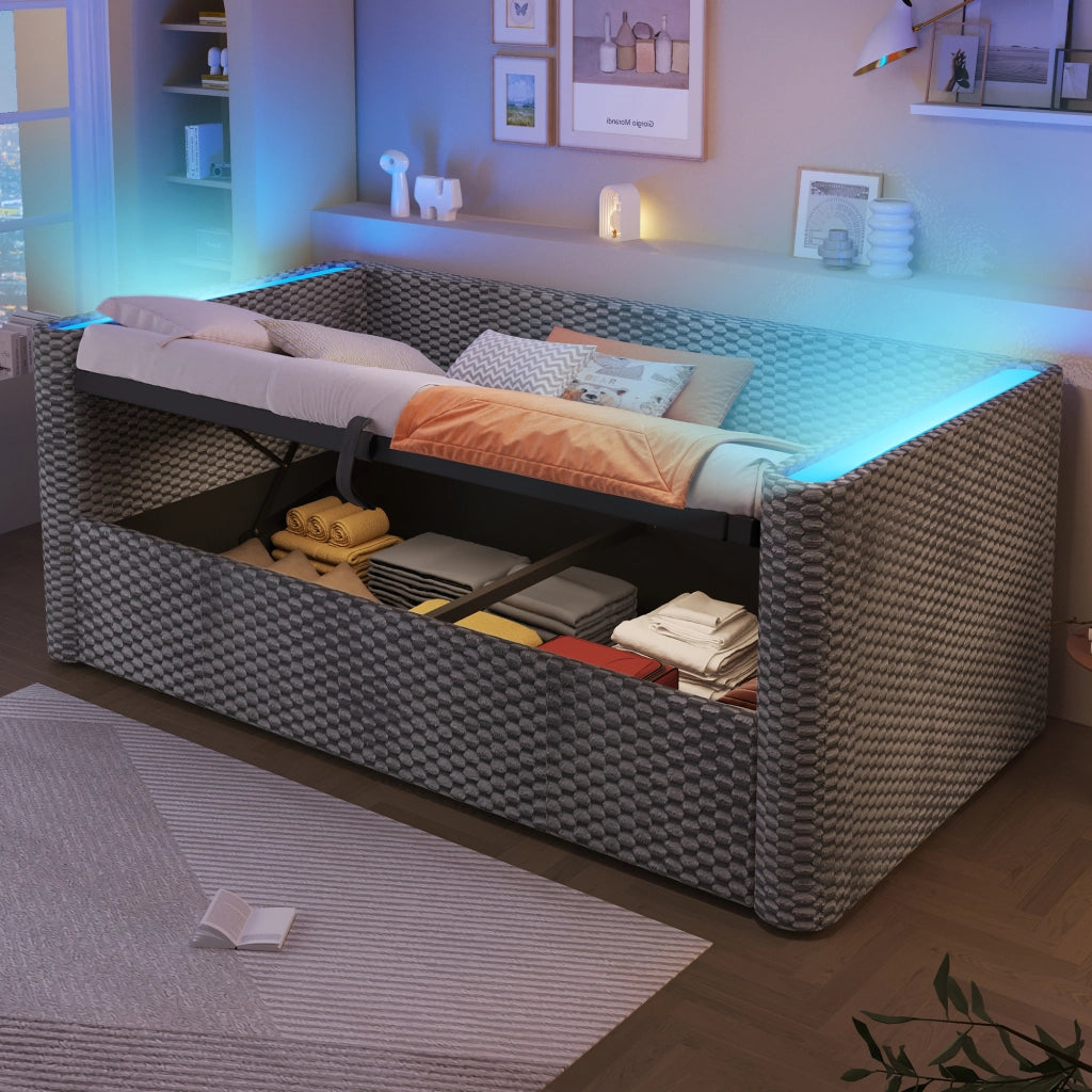 LETTO DAYBED 90x200 cm Velluto Grigio con LED e contenitore idraulico