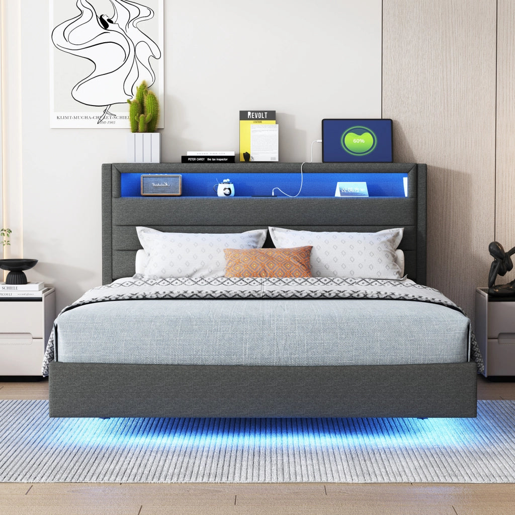 LETTO Imbottito 140x200 cm Grigio con USB e LED, rete a doghe