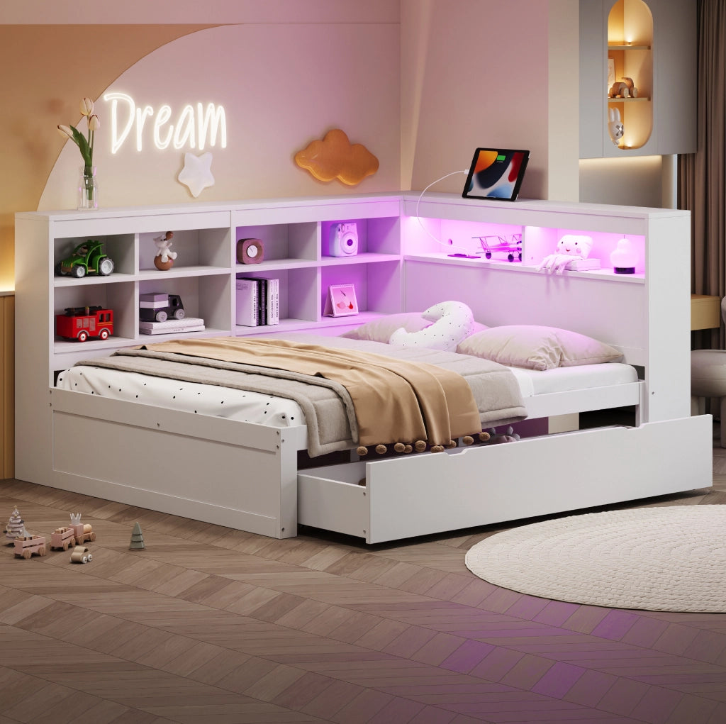 Divano letto 140x200 cm; con USB e LED; legno bianco