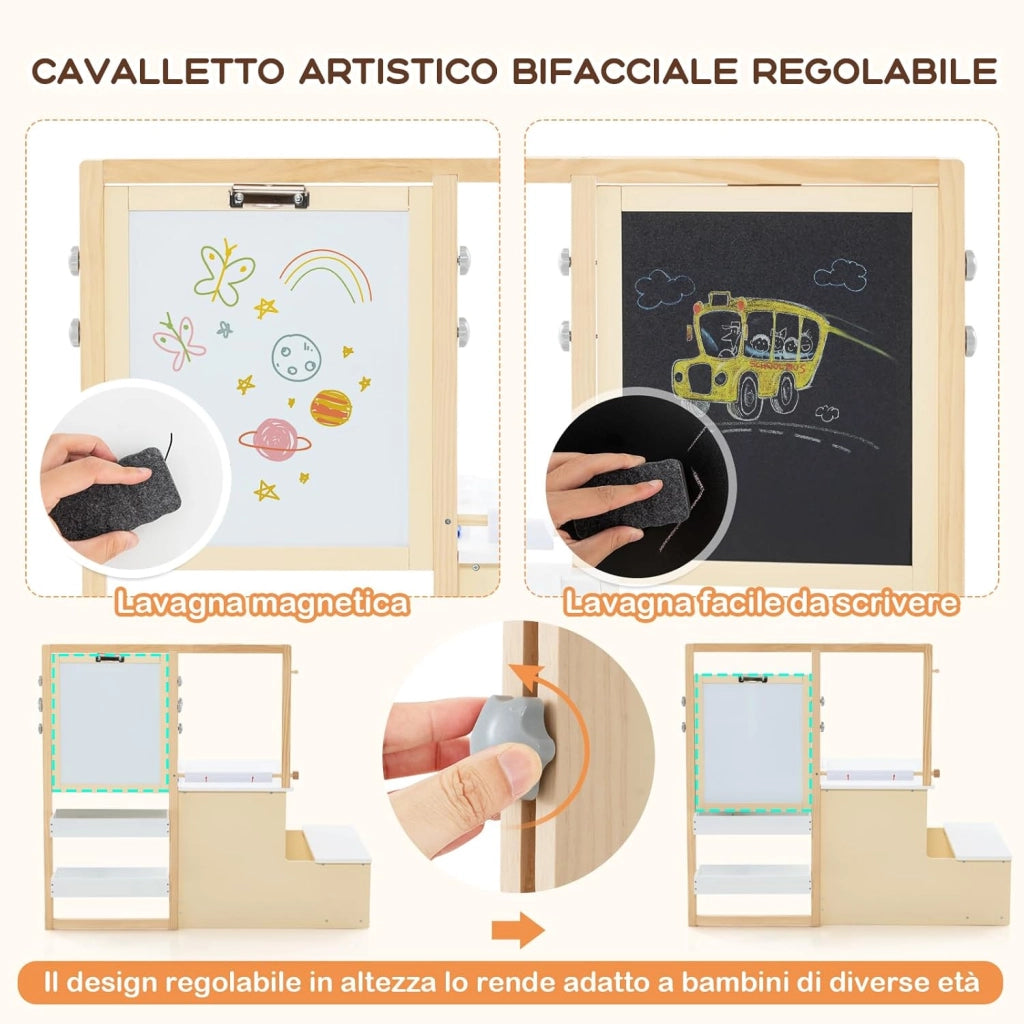 Set 3 in 1 Tavolo e Sedie per Bambini 3+ Anni, Tavolo in Legno Sicuro con Lavagna Cancellabile, Magnetica, Cavalletto Regolabile, Libreria e Accessori Artistici, Ideale per Disegno (Bianco)