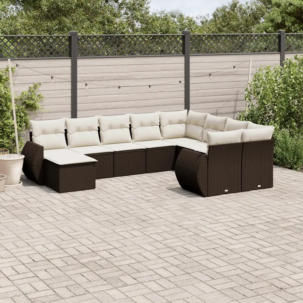 Set Divani da Giardino 10pz con Cuscini in Polyrattan Marrone