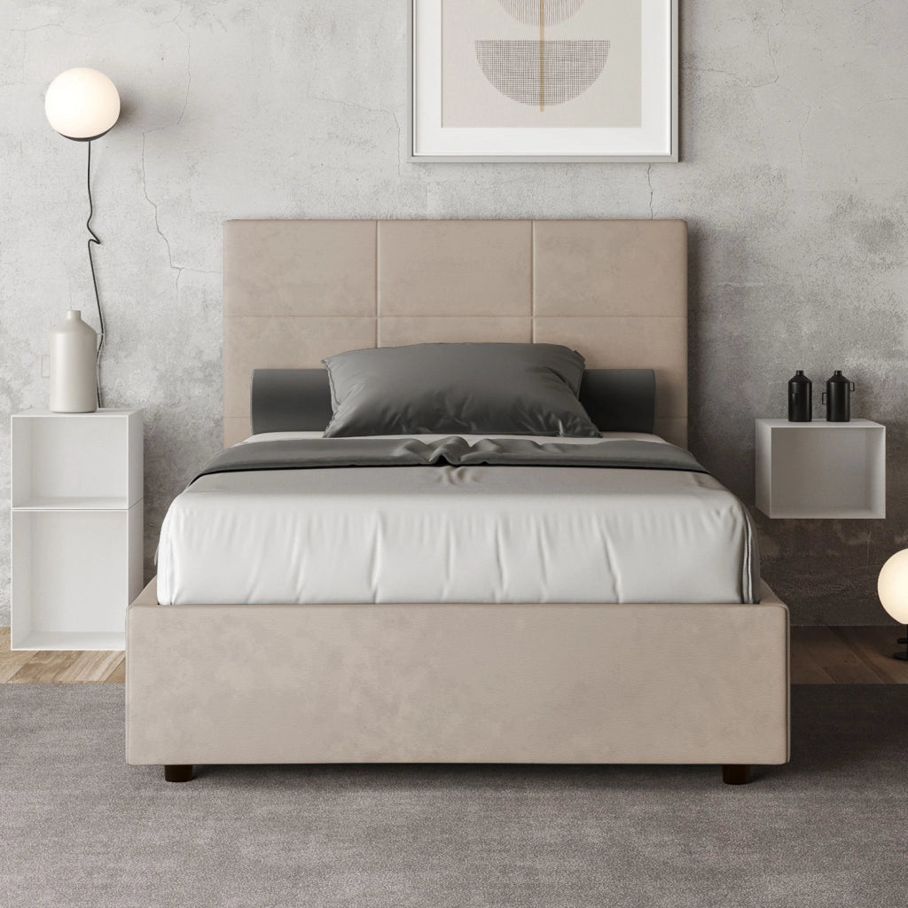 BS COM Letto una piazza e mezza contenitore imbottito 120x190 microfibra sabbia