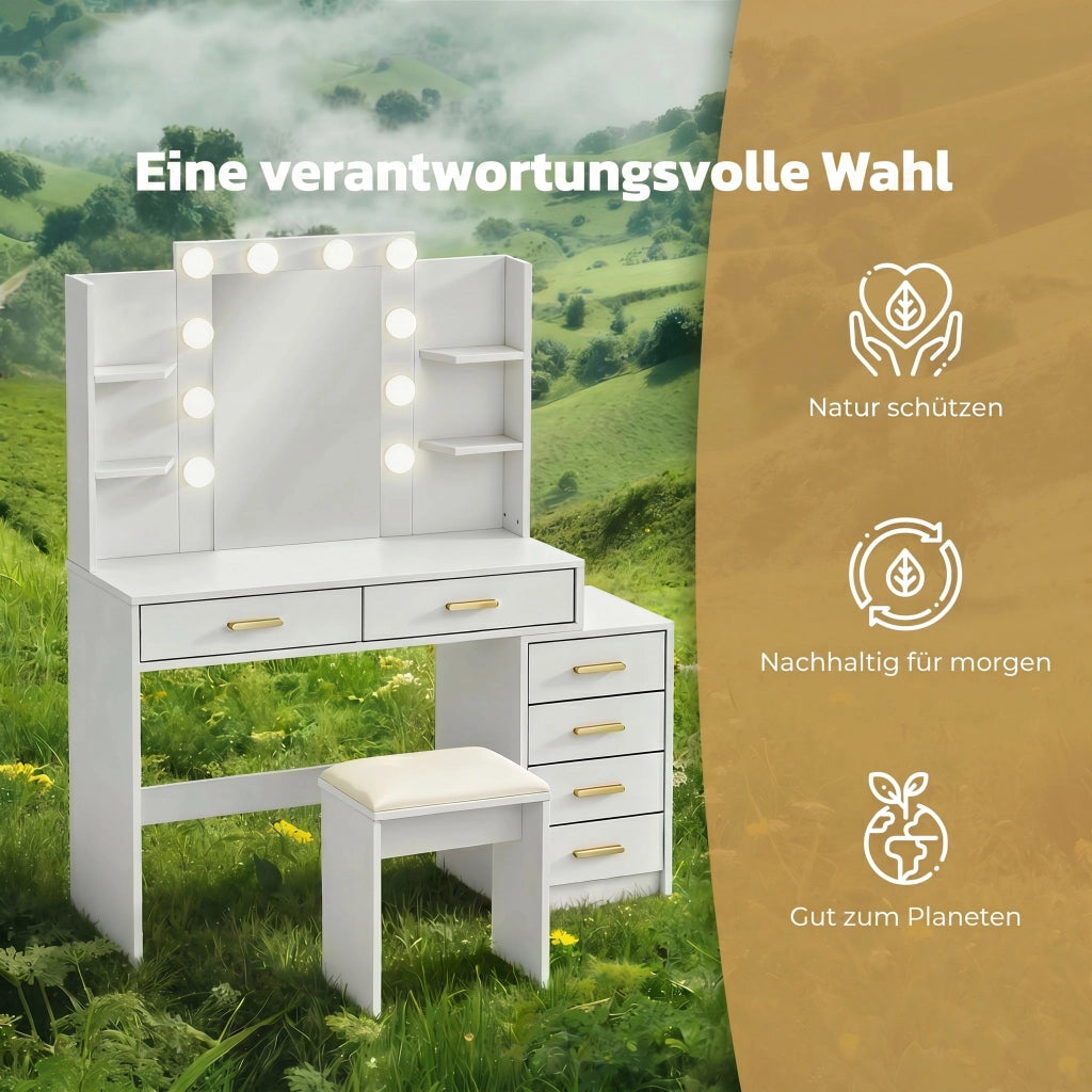 Scrivania Trucco con Specchio Illuminato e Sgabello Imbottito ¨C Minimal ¨C Bianco 6 Cassetti