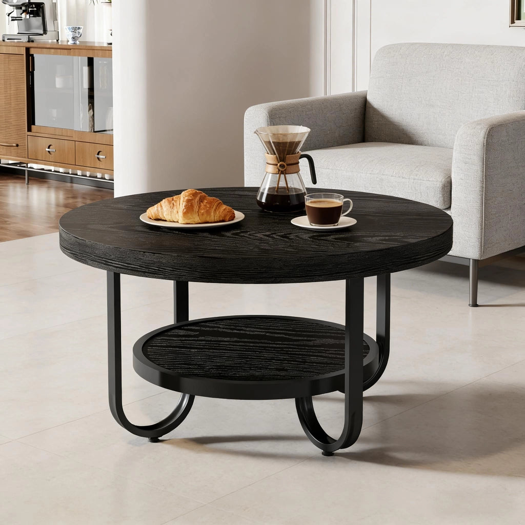 TAVOLINO DA CAFFÈ rotondo 79 cm 2 ripiani nero MDF e metallo