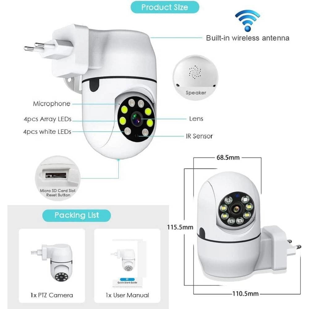 Trade Shop - Telecamera Wireless Con Spina 360° Rilevamento Movimento Tracciamento Automatico -