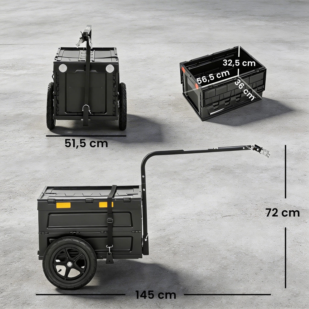 Rimorchio per Bicicletta Cargo Pieghevole ¨C Xylo ¨C Cassone Plastica 65L con Coperchio 145x51,5x72cm Nero