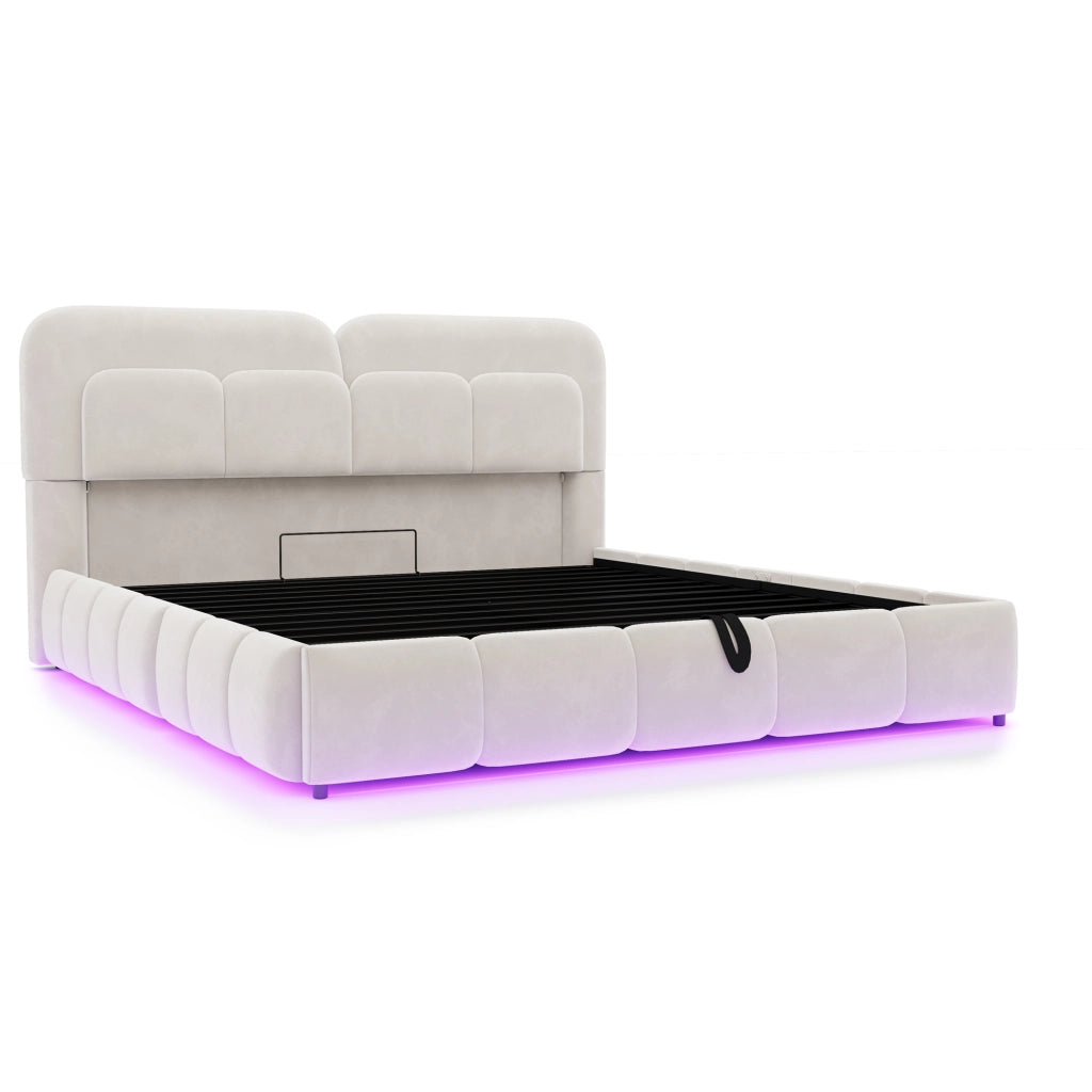 Letto matrimoniale 140 x 200 cm, testiera imbottita, con luci a LED, vano portaoggetti, rivestimento in velluto, beige