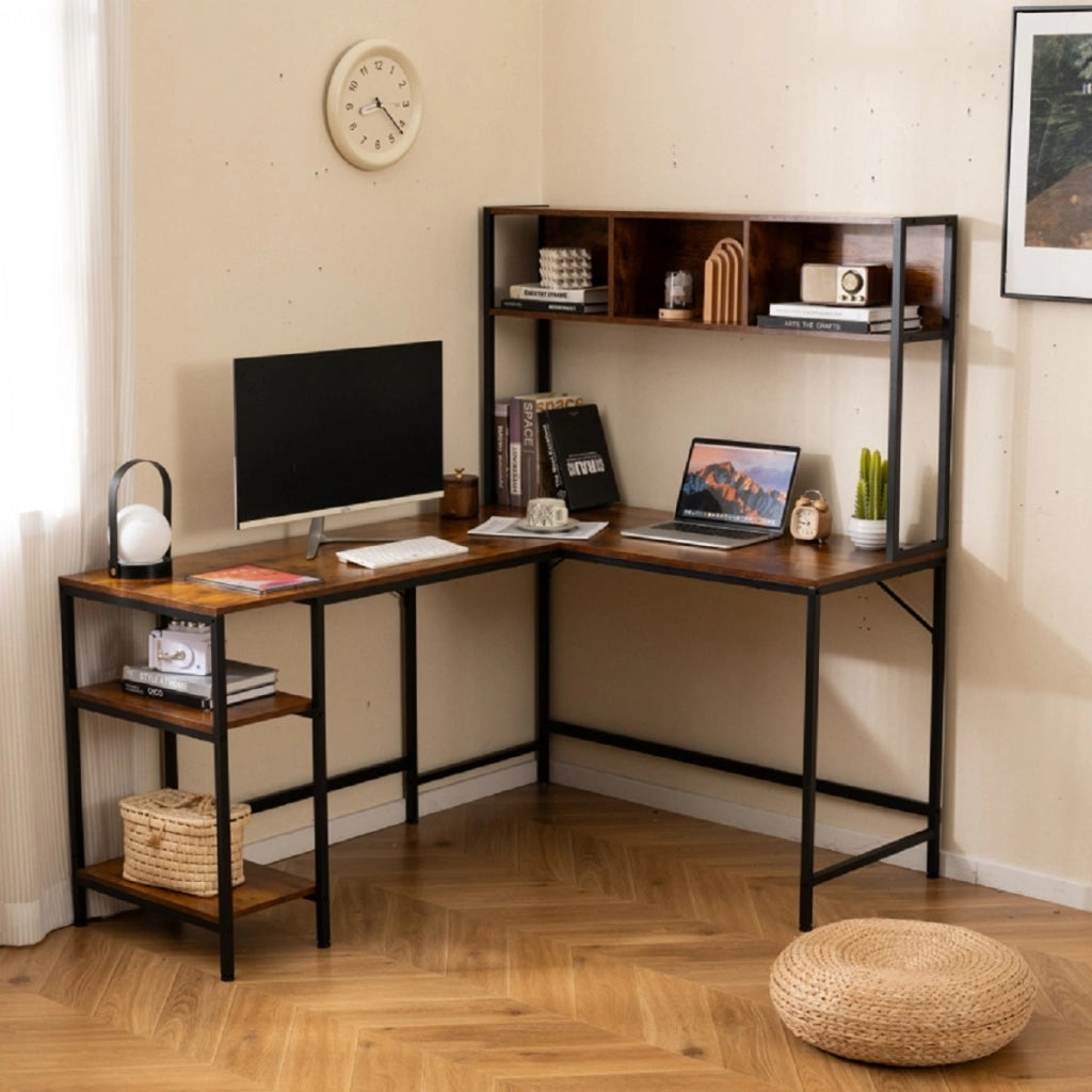 Scrivania per computer a forma di l con pensile ripiani e gancio libreria, Scrivania per computer ufficio domestico Marrone