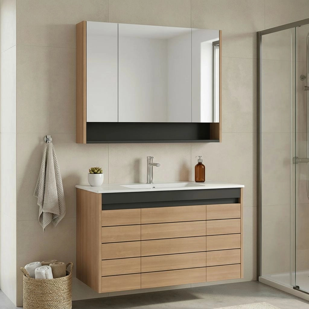 Set mobile lavabo con specchio (2 pezzi) "Ricato 100" -  cm - Rovere