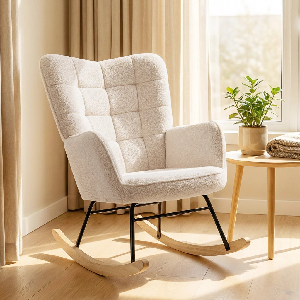 Poltrona a dondolo ¨C Minimal ¨C beige, effetto lana, 71x98x101 cm