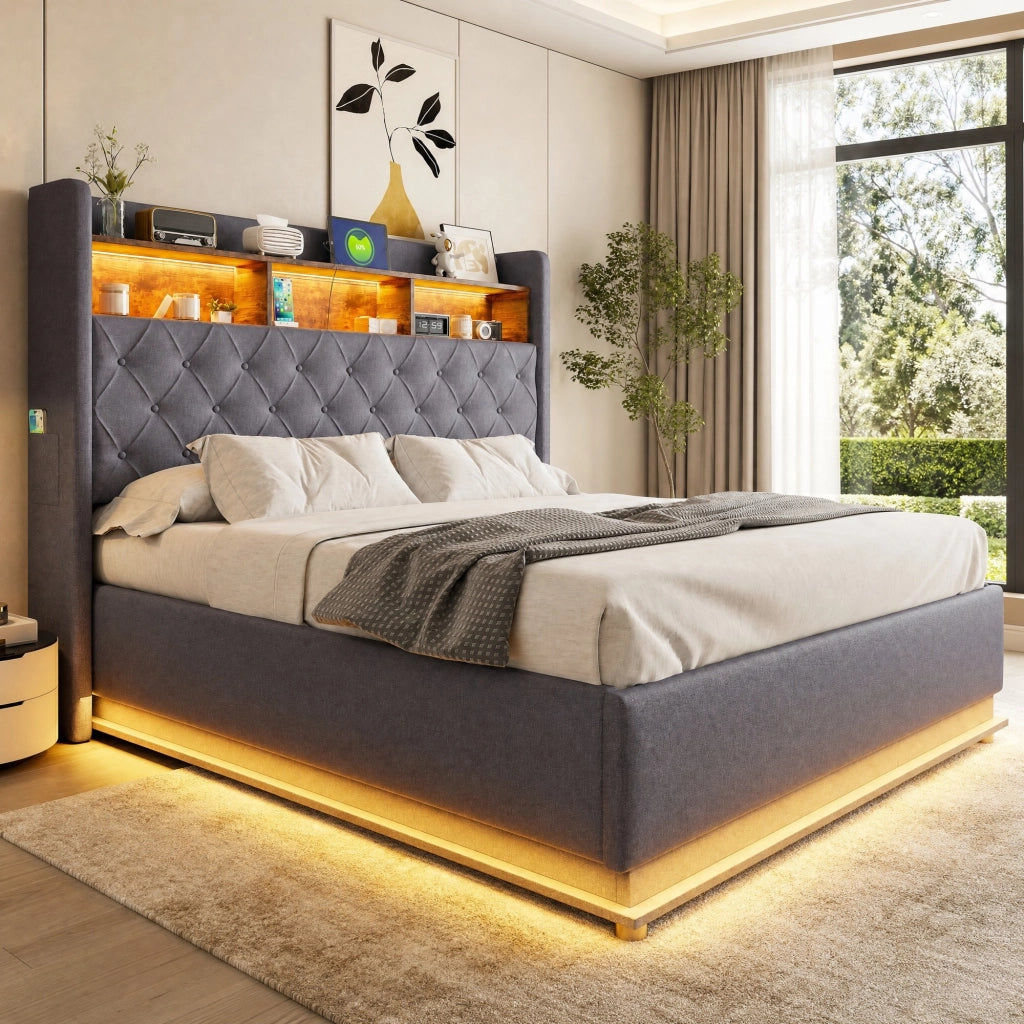LETTO imbottito LED 160 x 200 cm grigio con USB e contenitore idraulico