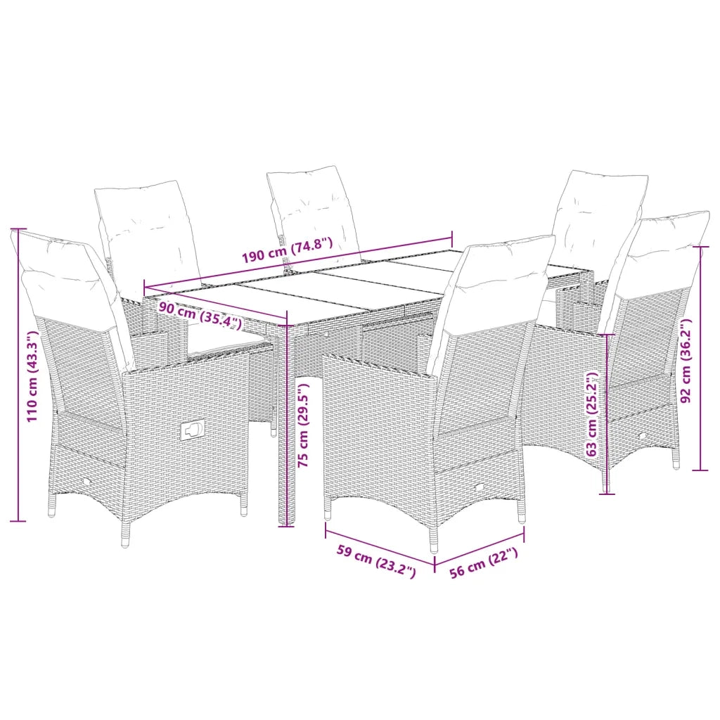 Set da Pranzo da Giardino 7 pz con Cuscini Beige in Polyrattan